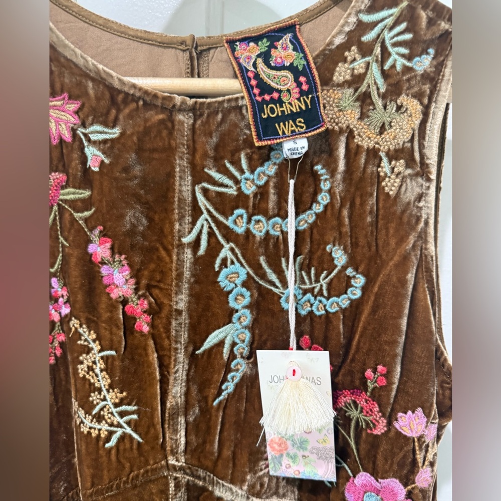 Johnny Was Antique Gold Velvet Embroidered Dress NWT